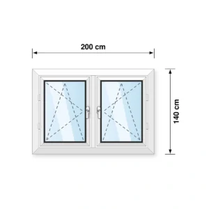 200x140 cm tokosztott kétszárnyú bukó-nyíló műanyag ablak műszaki rajz