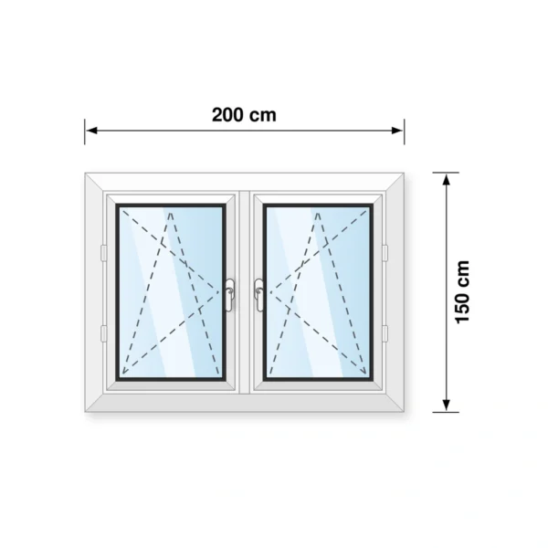 200x150 cm tokosztott kétszárnyú bukó-nyíló műanyag ablak műszaki rajz