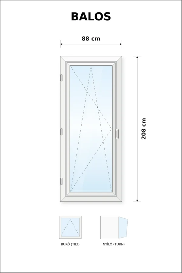 88×208 cm átmenőkilincses bukó-nyíló műanyag erkélyajtó műszaki rajza balos nyitási ránnyal
