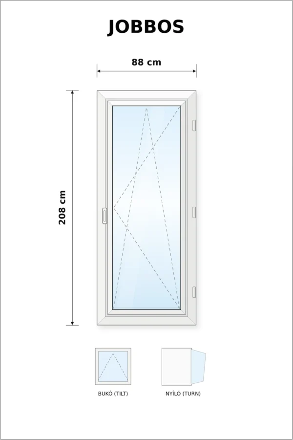 88×208 cm átmenőkilincses bukó-nyíló műanyag erkélyajtó műszaki rajza