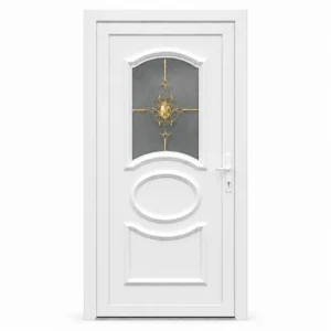 Auriga Gold fehér műanyag bejárati ajtó részben üvegezett díszpanellel